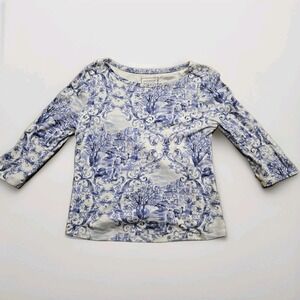 Charter Club Top Womens P Medium Blue White 3/4 Sleeve Shirt Pima Cotton Soft